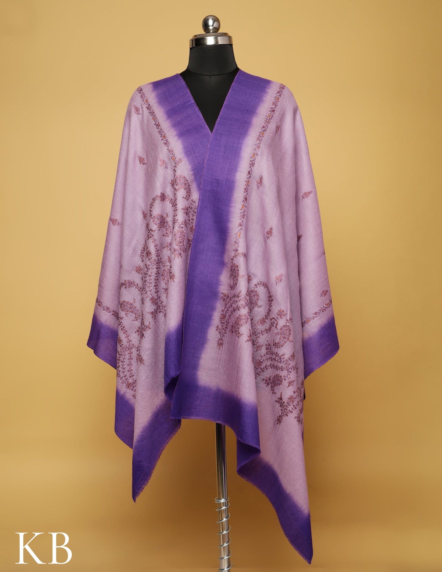 Lavender and Purple Sozni Embroidered Pure Pashmina Stole - Kashmir Box