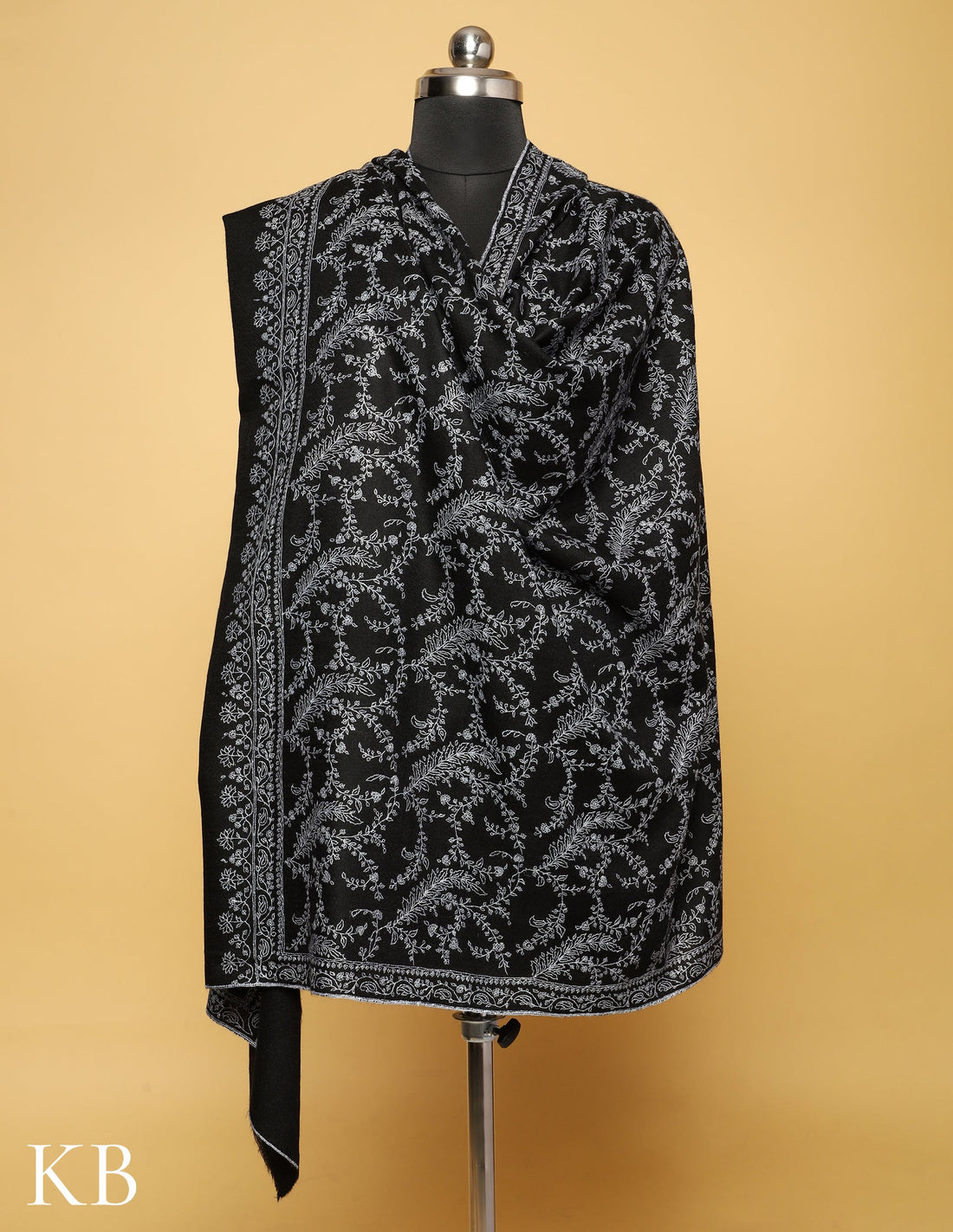 Dark Black Pure Pashmina Sozni Embroidered Shawl - Kashmir Box
