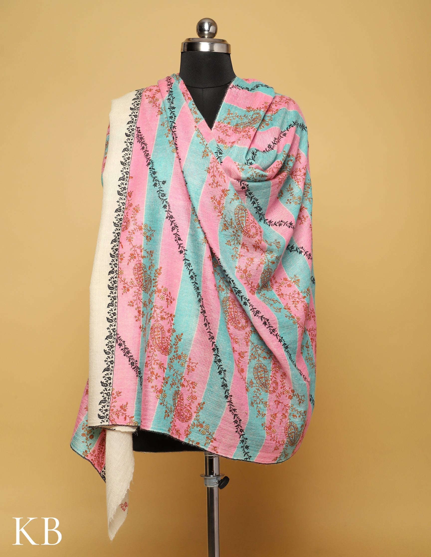 Pink And Blue Stripped Jaldaar Sozni Embroidered  Pure Pashmina Shawl - Kashmir Box