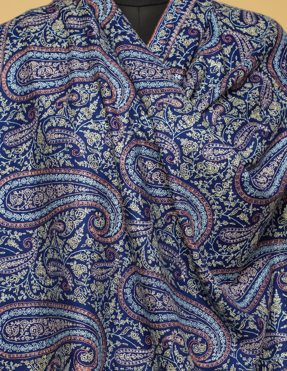 Classic Blue Jamawar Sozni Embroidered  Pure Pashmina Shawl - Kashmir Box