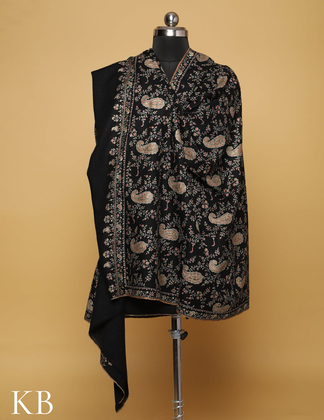 Black Jaldaar Sozni  Embroidered Pure Pashmina Shawl - Kashmir Box