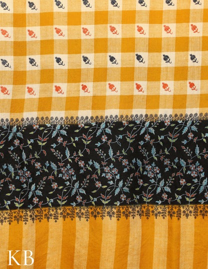 Black and Mustard Checked Sozni Embroidered Pure Pashmina Shawl - Kashmir Box