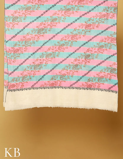 Pink And Blue Stripped Jaldaar Sozni Embroidered  Pure Pashmina Shawl - Kashmir Box