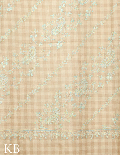 Pastel Cream Jaldaar Checked  Sozni Embroidered Pure Pashmina Shawl - Kashmir Box