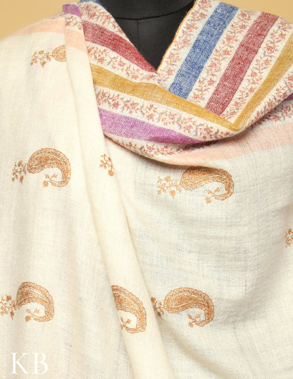 White Paisley Bootidar  And Stripped Sozni Embroidered Pure Pashmina Shawl - Kashmir Box