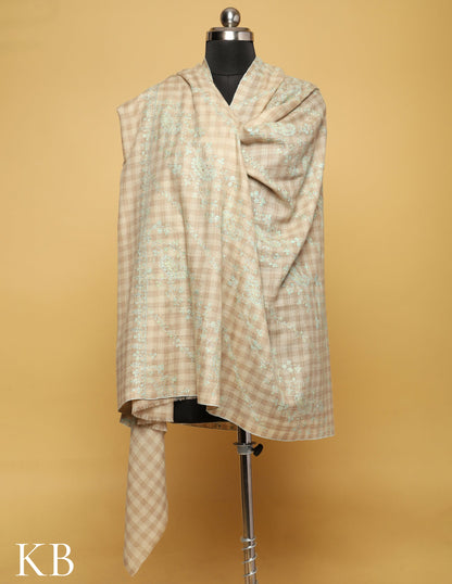 Pastel Cream Jaldaar Checked  Sozni Embroidered Pure Pashmina Shawl - Kashmir Box