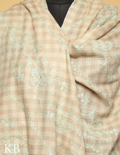 Pastel Cream Jaldaar Checked  Sozni Embroidered Pure Pashmina Shawl - Kashmir Box