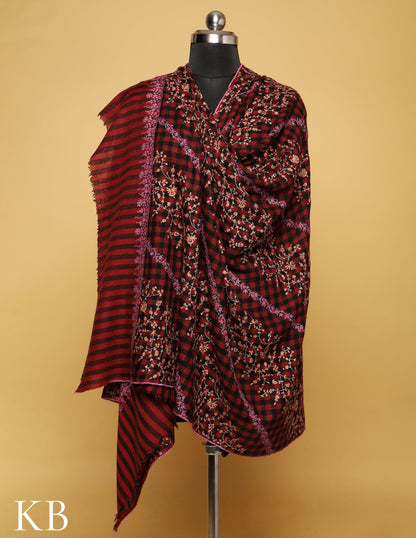 Barn Red Jaldaar checked Sozni Embroidered Pure Pashmina Shawl - Kashmir Box