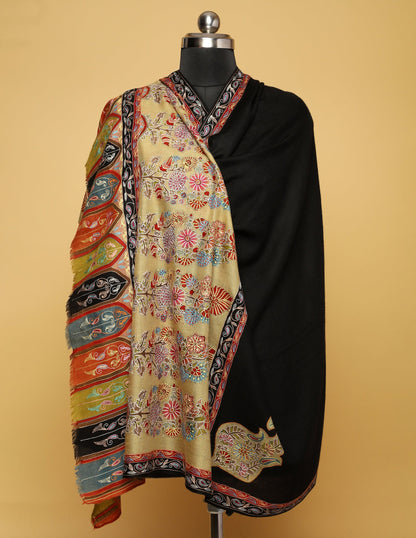 Black Kalamkari Border Sozni Embroidered Pure Pashmina Shawl - Kashmir Box