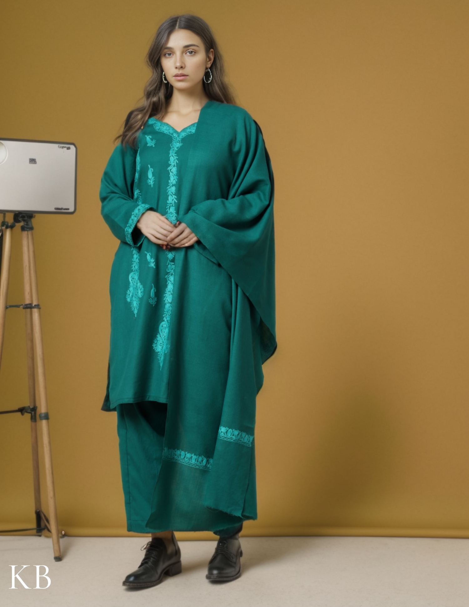 Tone On Tone Green Aari Embroidered Woolen Suit - Kashmir Box