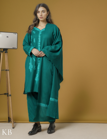 Tone On Tone Green Aari Embroidered Woolen Suit - Kashmir Box