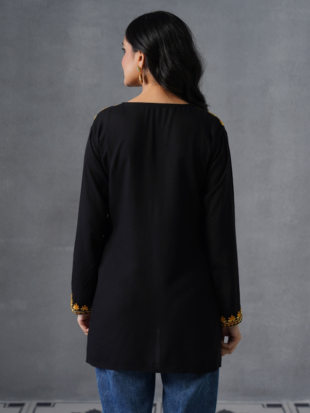 Women’s Black Kashmiri Aari Embroidered Yellow Floral Short Kurti – Casual  Office Wear