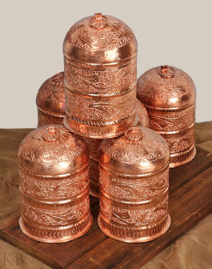 Vine Engraved Copper Spice Box (Set of 6) - KashmirBox.com