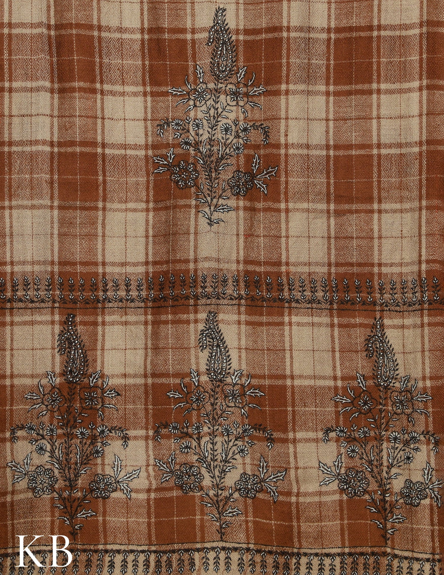 Brown Checked Sozni Embroidered Pure Pashmina Shawl - Kashmir Box