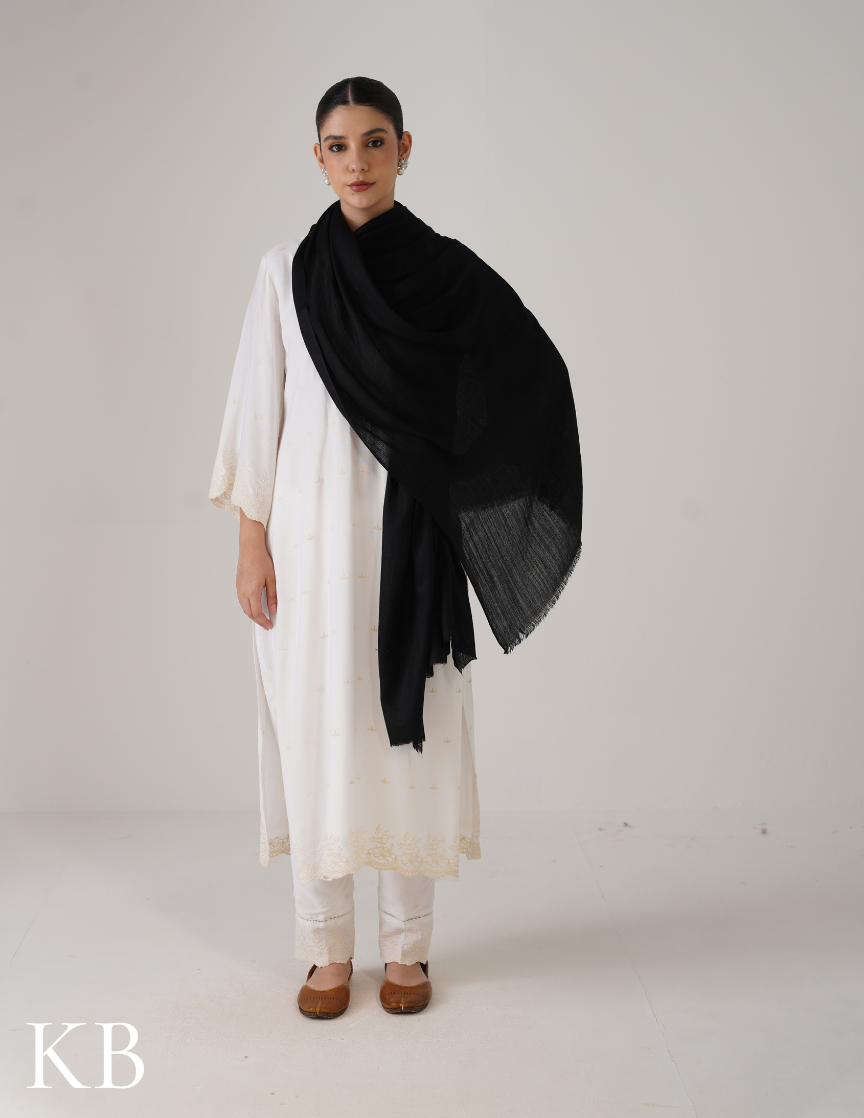 Black Solid Woollen Shawl | Classic Everyday Essential - Kashmir Box