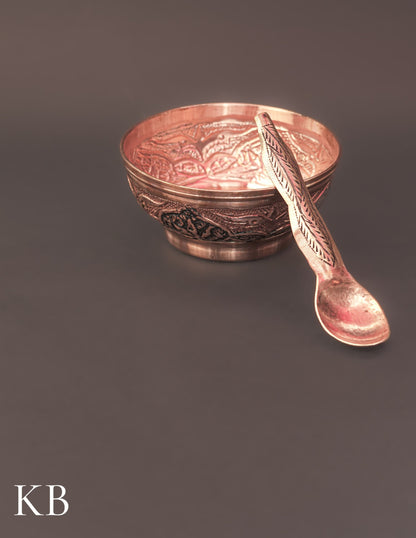 Kashmiri Copperware Small Bowl with Spoon | Artisan-Made | Handcrafted Heritage