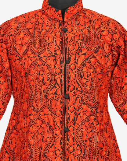 Black Rust Aari Embroidered Silk Jacket - KashmirBox.com