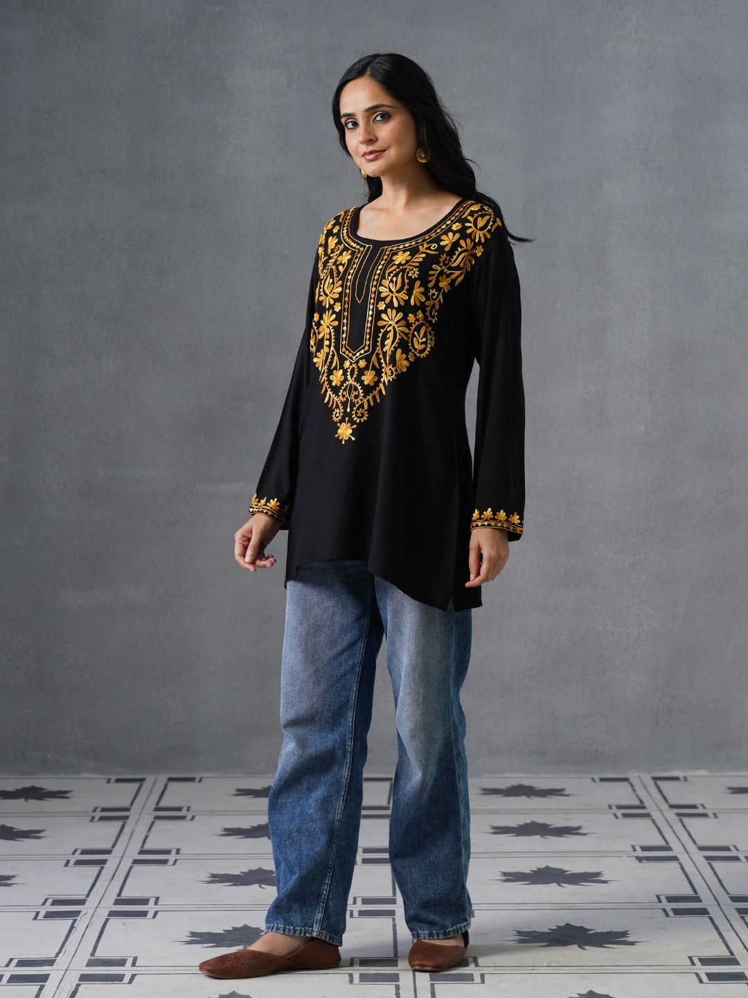 Women’s Black Kashmiri Aari Embroidered Yellow Floral Short Kurti – Casual  Office Wear