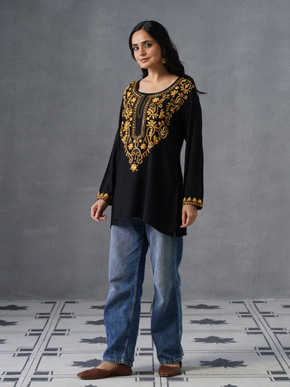 Women’s Black Kashmiri Aari Embroidered Yellow Floral Short Kurti – Casual  Office Wear