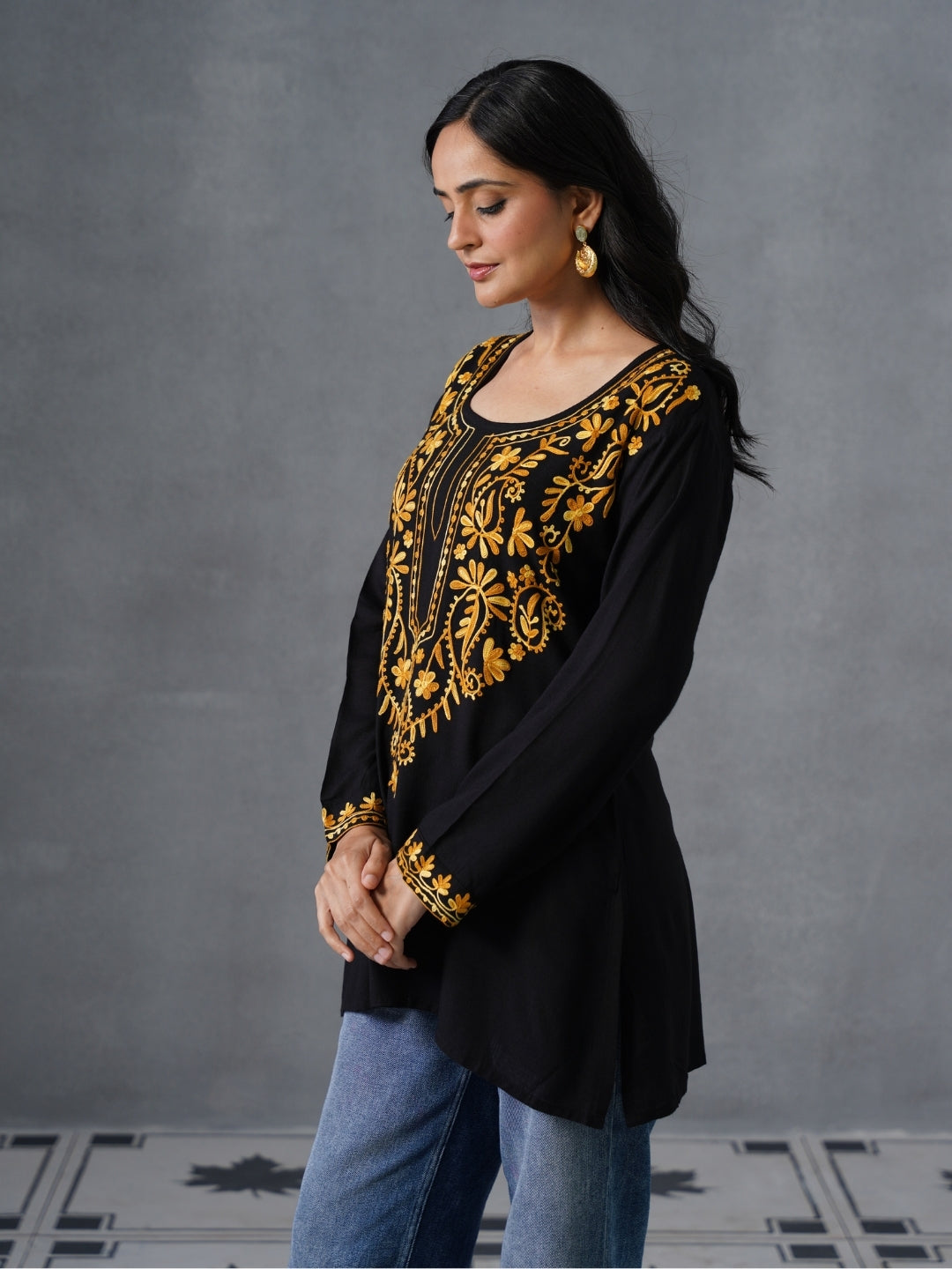 Women’s Black Kashmiri Aari Embroidered Yellow Floral Short Kurti – Casual  Office Wear