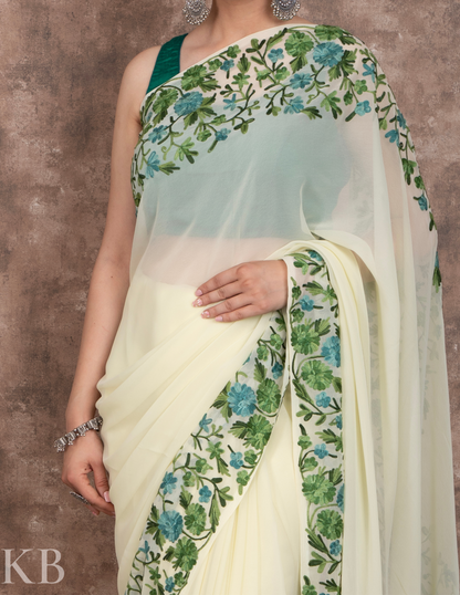 Lemon Yellow Flowery Vine Aari Georgette Saree - Kashmir Box