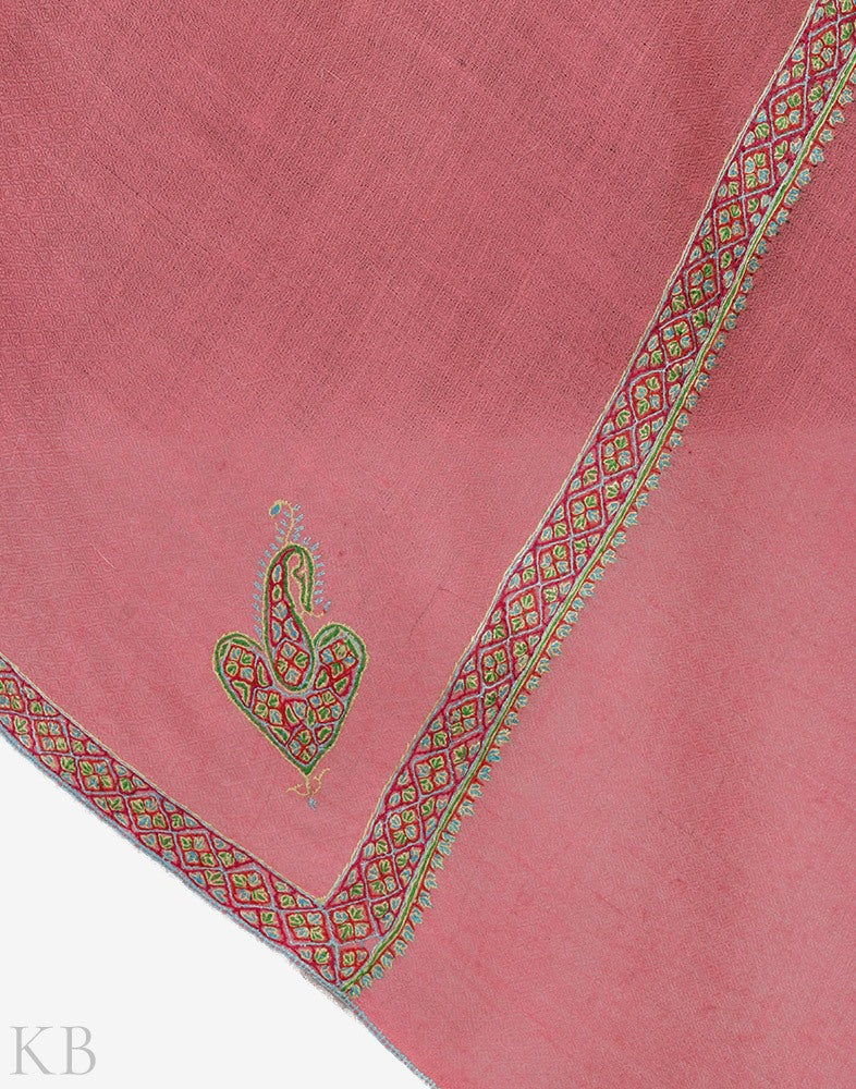 Rose Pink Embroidered Hashidaar Cashmere Stole - Kashmir Box