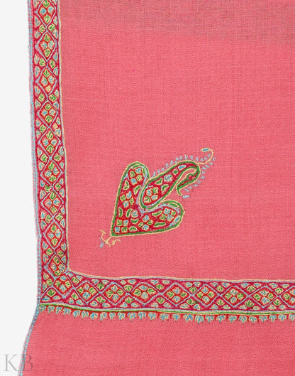 Rose Pink Embroidered Hashidaar Cashmere Stole - Kashmir Box