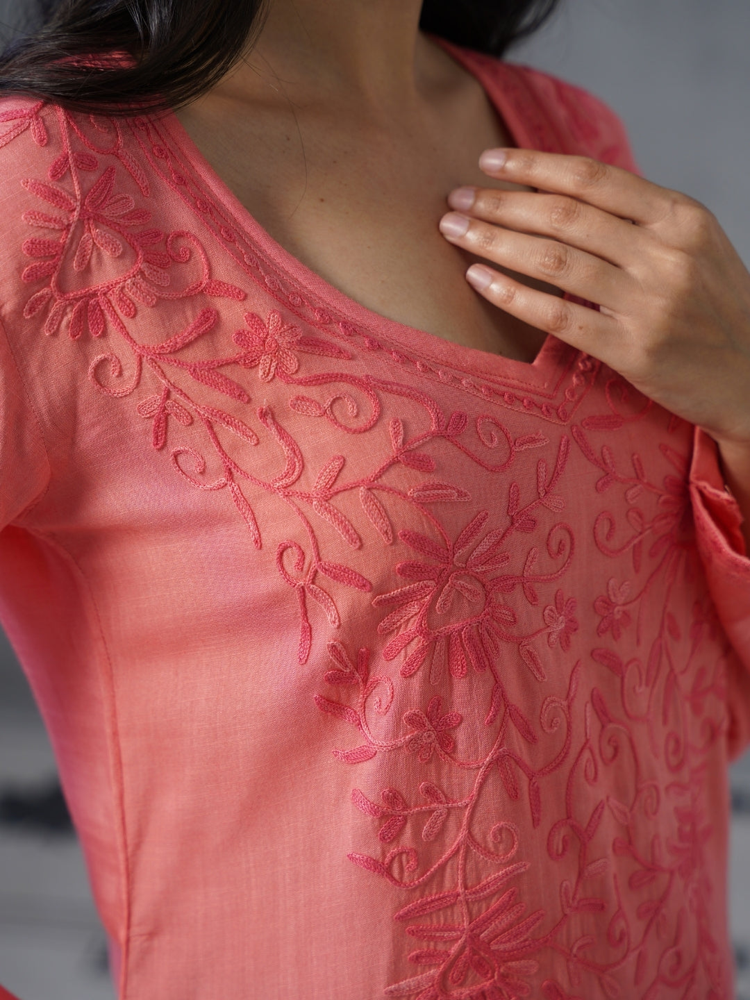 Women’s Pink Kashmiri Aari Embroidered Floral Short Kurti – Casual &amp; Office Wear