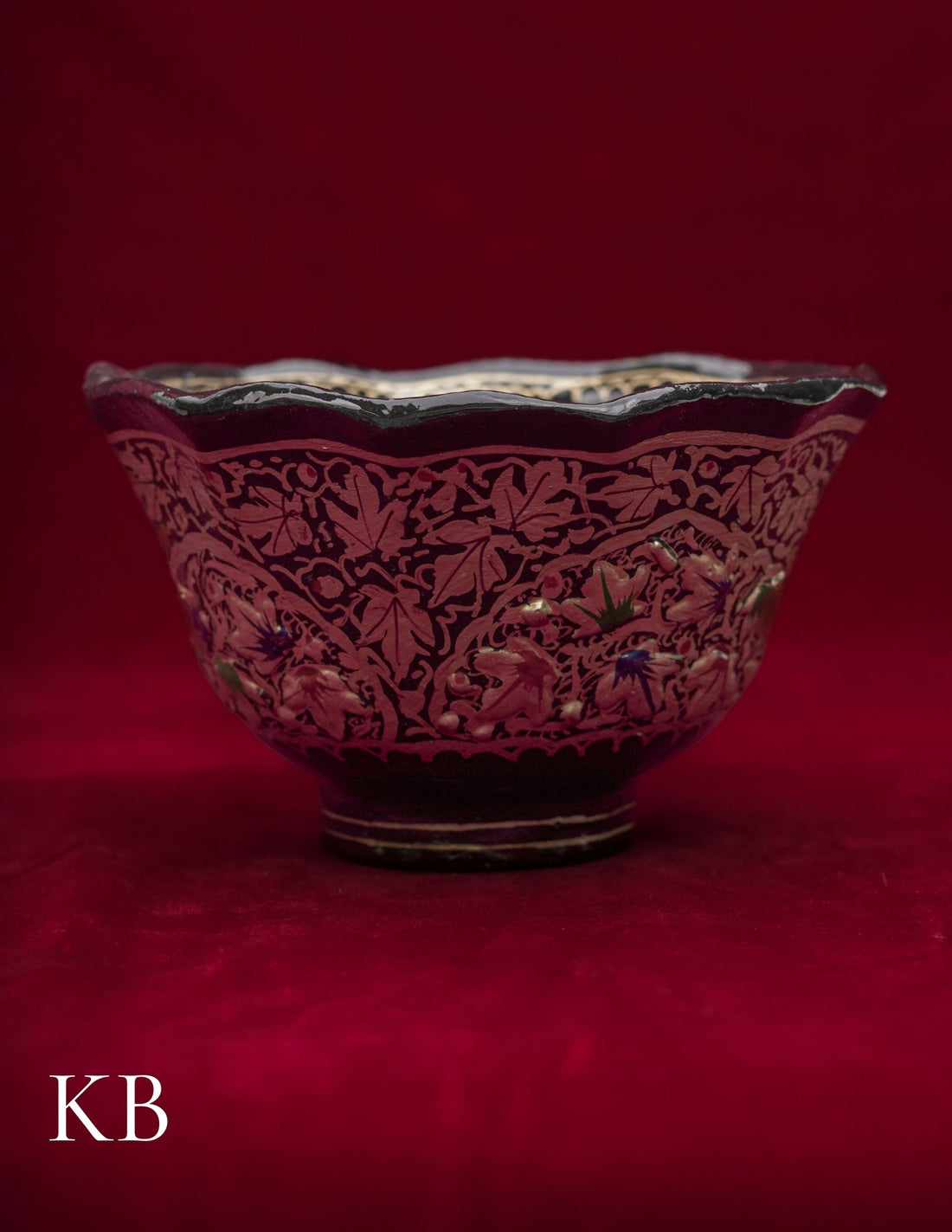 Kashmiri Papier Mâché Bowl – Hand-Painted Floral (Half Work, 4.5 Inch) | Artisan-Made | Handcrafted Heritage