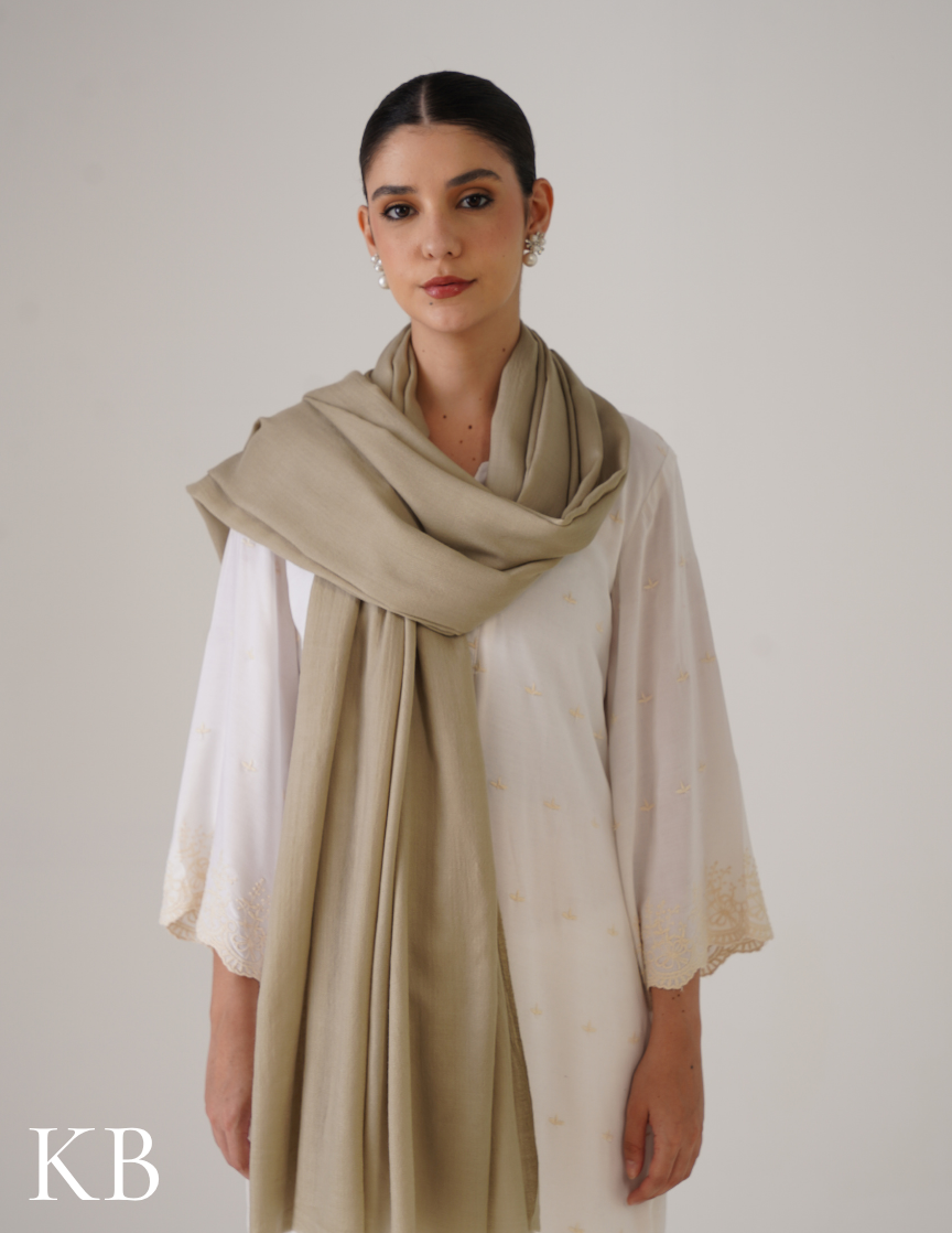Pale Olive Green Solid Woollen Shawl | Soft Winter Neutral - Kashmir Box