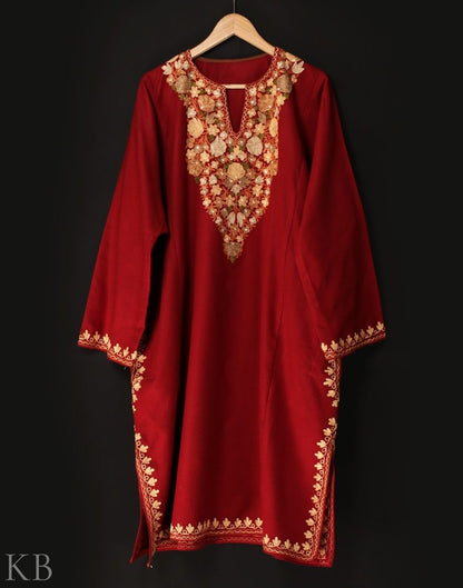 Maroon Aari Embroidered Cashmilon Phiran - KashmirBox.com