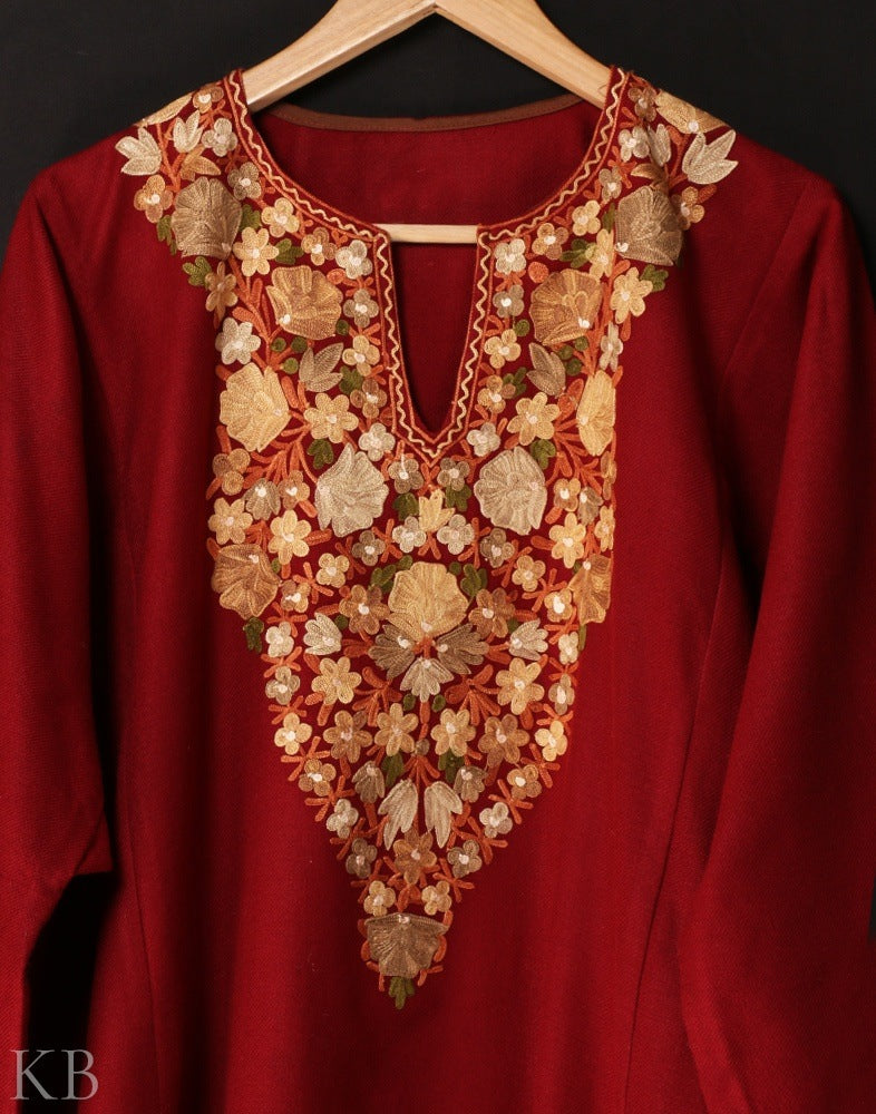 Maroon Aari Embroidered Cashmilon Phiran - KashmirBox.com