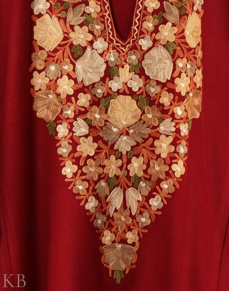 Maroon Aari Embroidered Cashmilon Phiran - KashmirBox.com