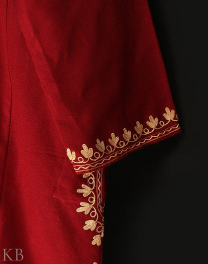 Maroon Aari Embroidered Cashmilon Phiran - KashmirBox.com