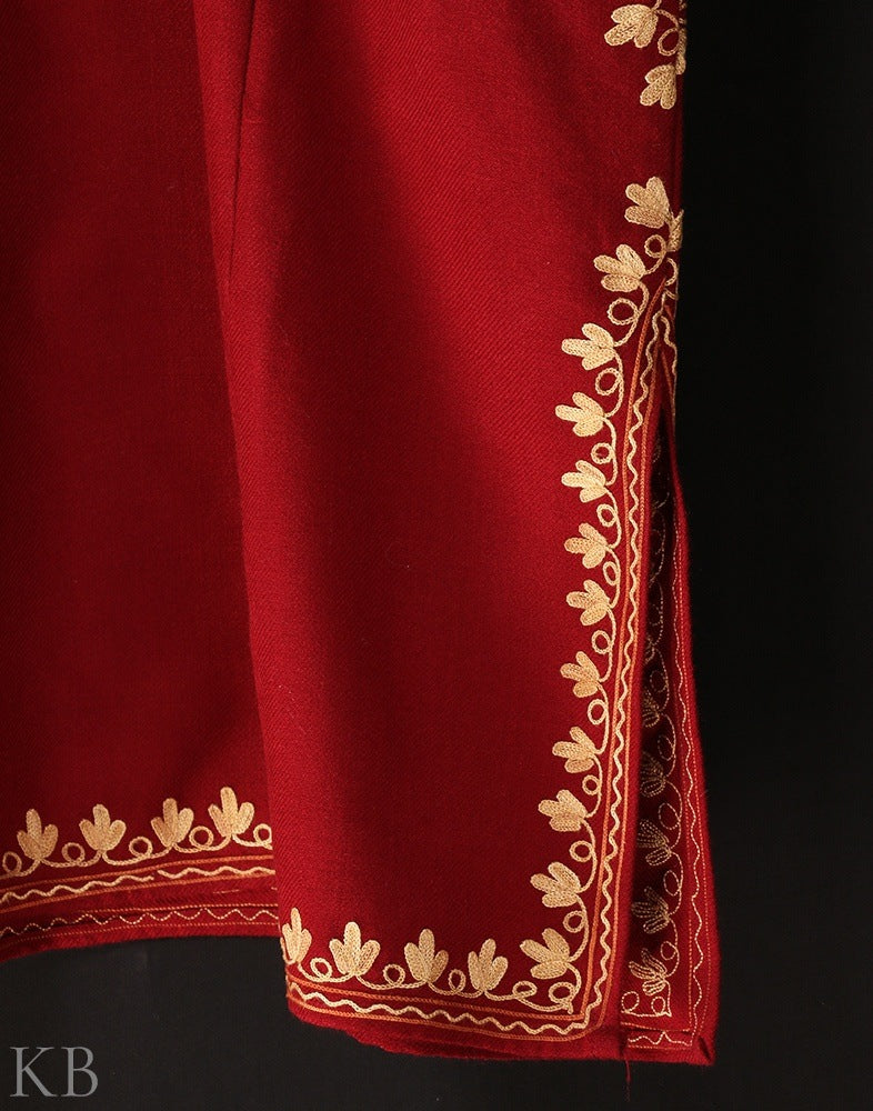 Maroon Aari Embroidered Cashmilon Phiran - KashmirBox.com