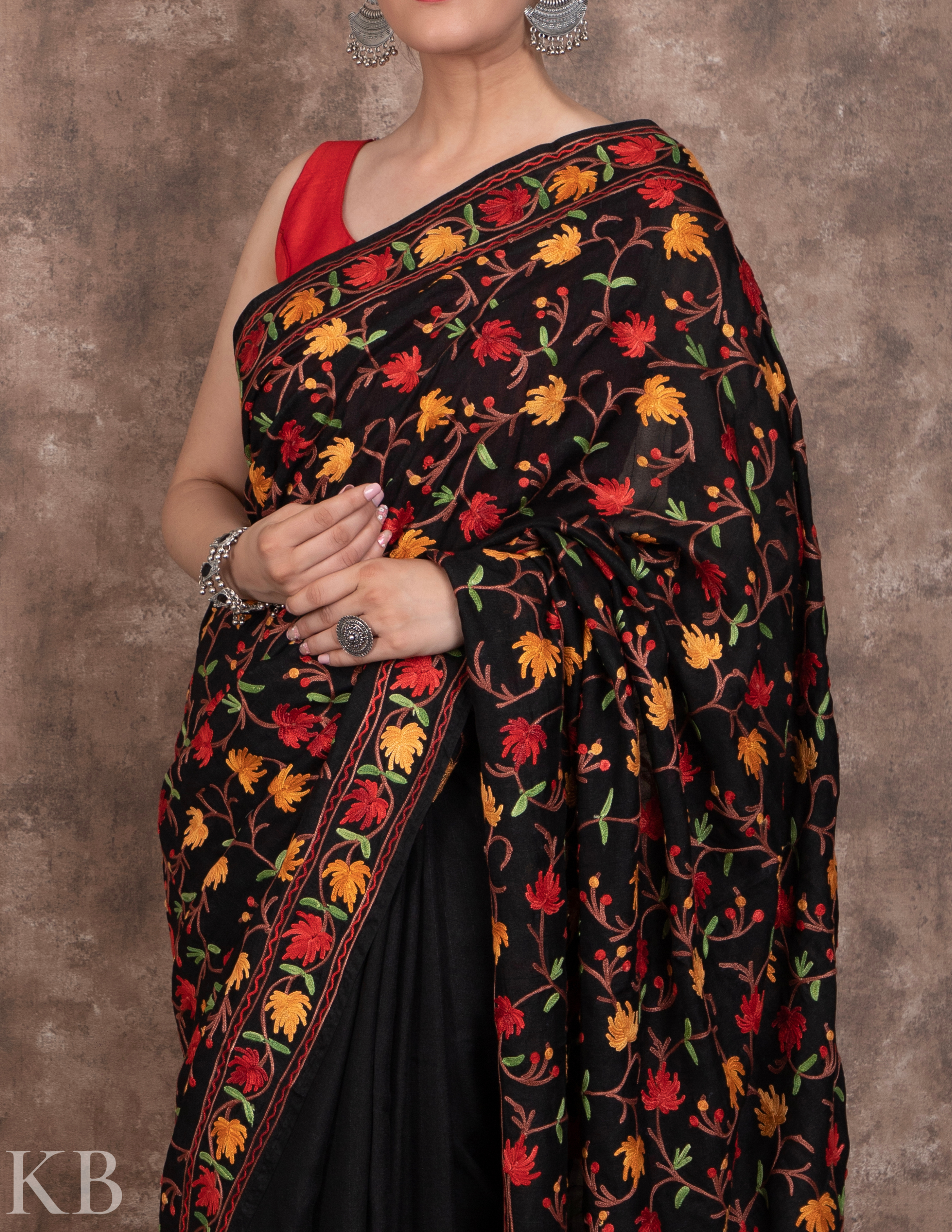 Aari Embroidered Black Silk Saree - Kashmir Box