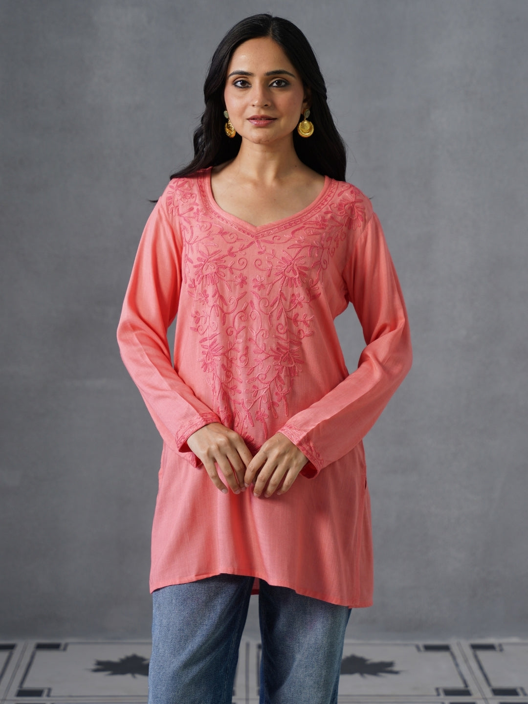 Women’s Pink Kashmiri Aari Embroidered Floral Short Kurti – Casual & Office Wear