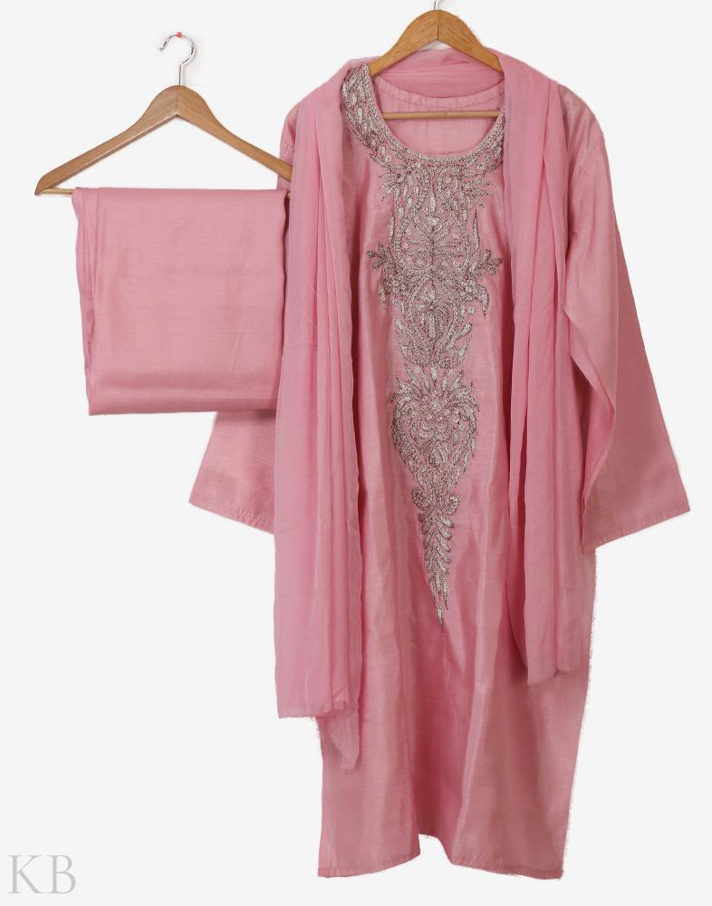 Pink Tilla Embroidered Silk Suit - KashmirBox.com