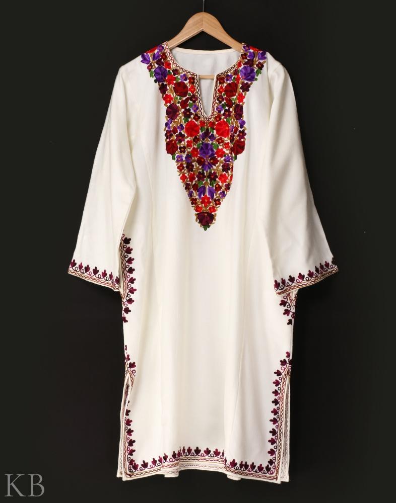 Pure White Aari Embroidered Cashmilon Phiran - KashmirBox.com