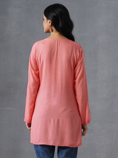 Women’s Pink Kashmiri Aari Embroidered Floral Short Kurti – Casual &amp; Office Wear
