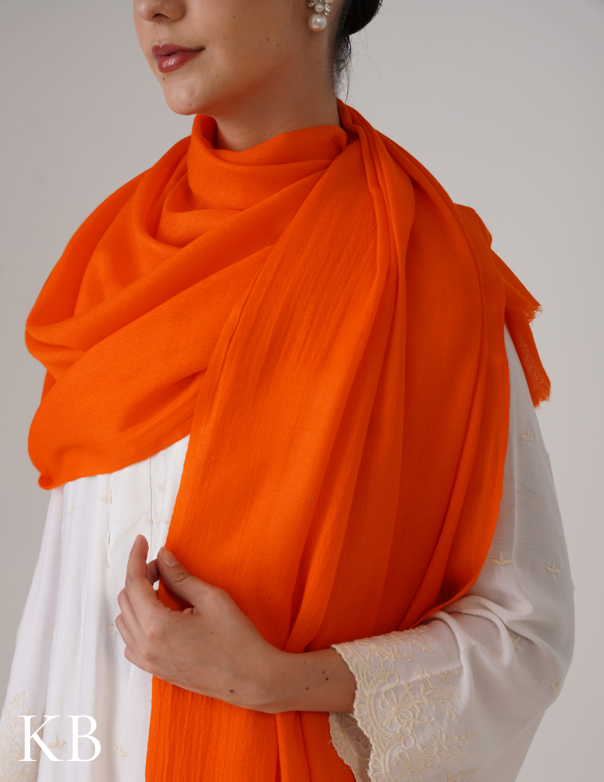 Orange Solid Woollen Shawl | Bright Winter Essential - Kashmir Box