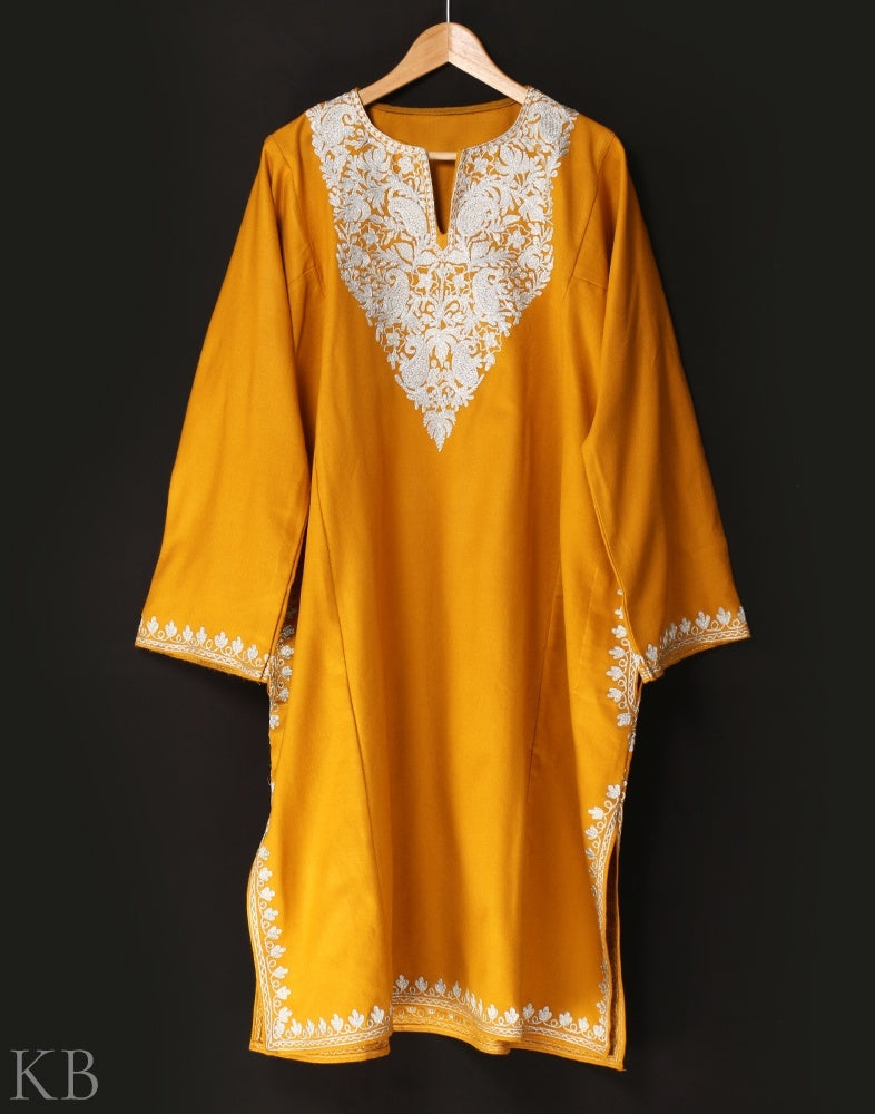 Mustard Orange Zari Embroidered Cashmilon Phiran - KashmirBox.com