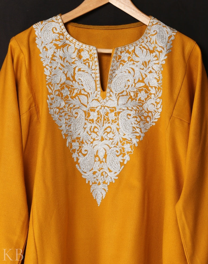 Mustard Orange Zari Embroidered Cashmilon Phiran - KashmirBox.com