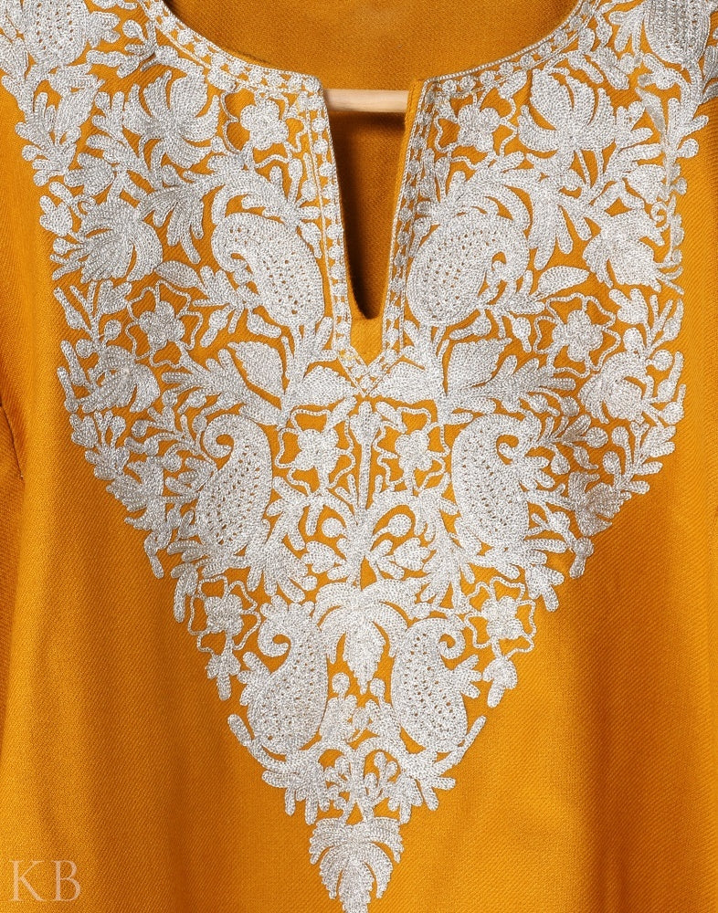 Mustard Orange Zari Embroidered Cashmilon Phiran - KashmirBox.com