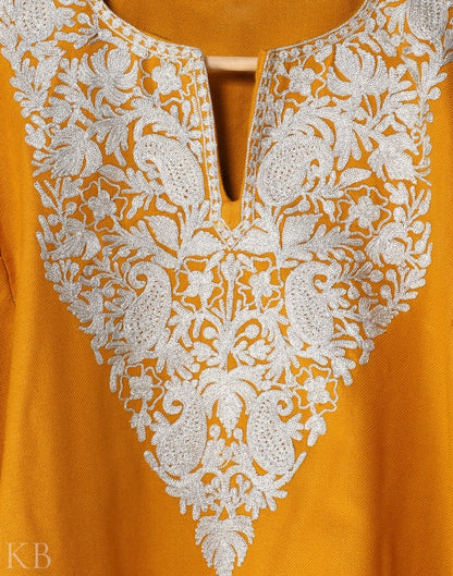 Mustard Orange Zari Embroidered Cashmilon Phiran - KashmirBox.com