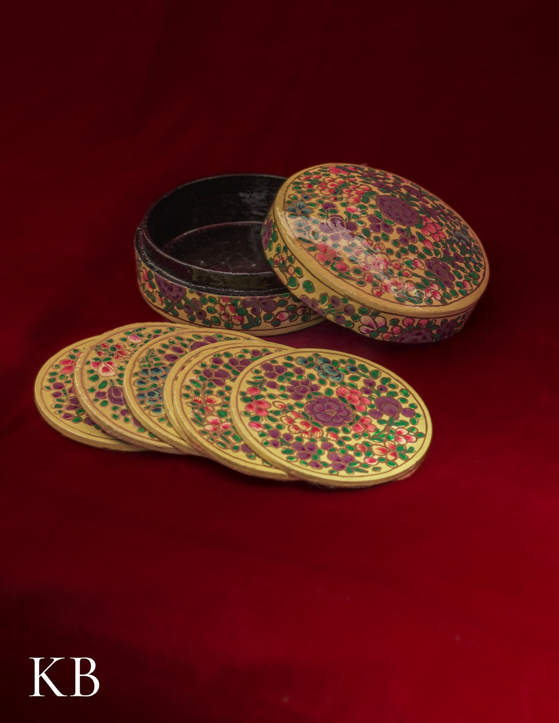 Kashmiri Papier Mâché Round Coaster Set – Hand-Painted Yellow Floral (Set of 6) | Artisan-Made | Handcrafted Heritage