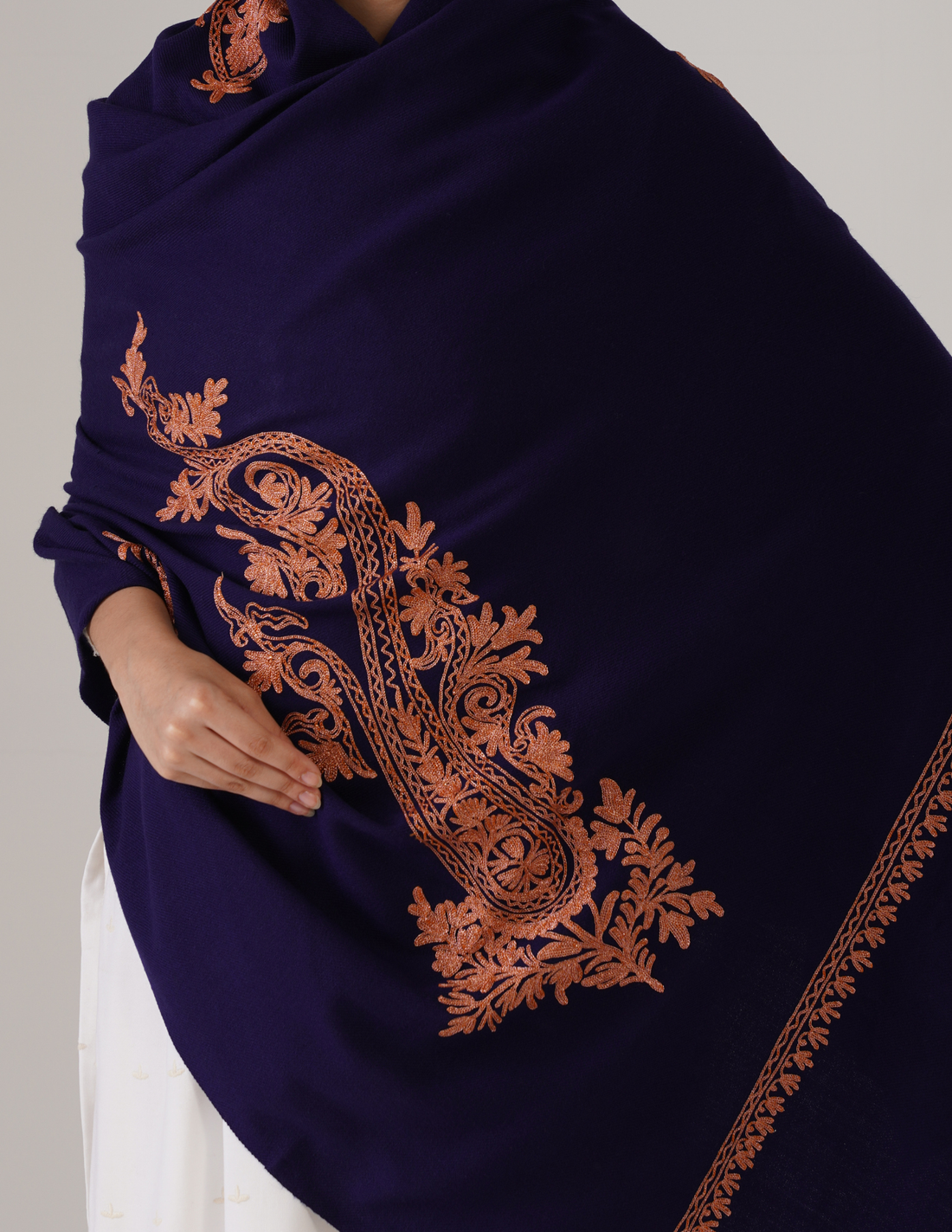 Royal Blue Woollen Shawl with Tilla Work | Subtle Festive Shine - Kashmir Box