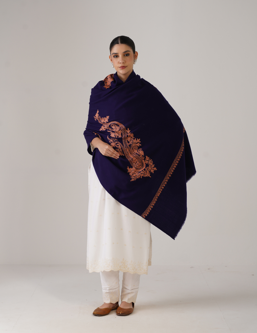 Royal Blue Woollen Shawl with Tilla Work | Subtle Festive Shine - Kashmir Box