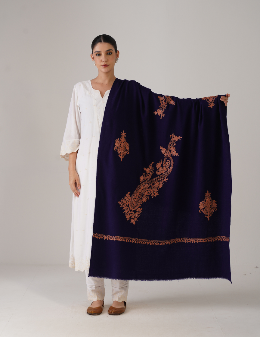 Royal Blue Woollen Shawl with Tilla Work | Subtle Festive Shine - Kashmir Box