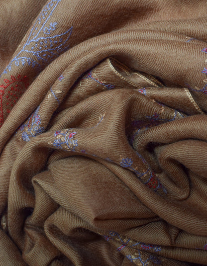 Autumn Brown Handwoven Paisley Embroidered Cashmere Pashmina Stole